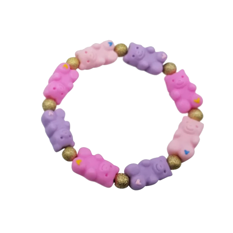 Pastel Gummy Bear & Gold Bead Stretch Bracelet - Pink & Purple