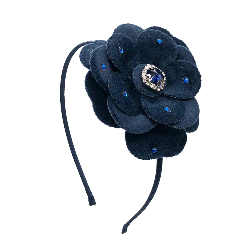 Velvet Jeweled Flower Headband - Navy