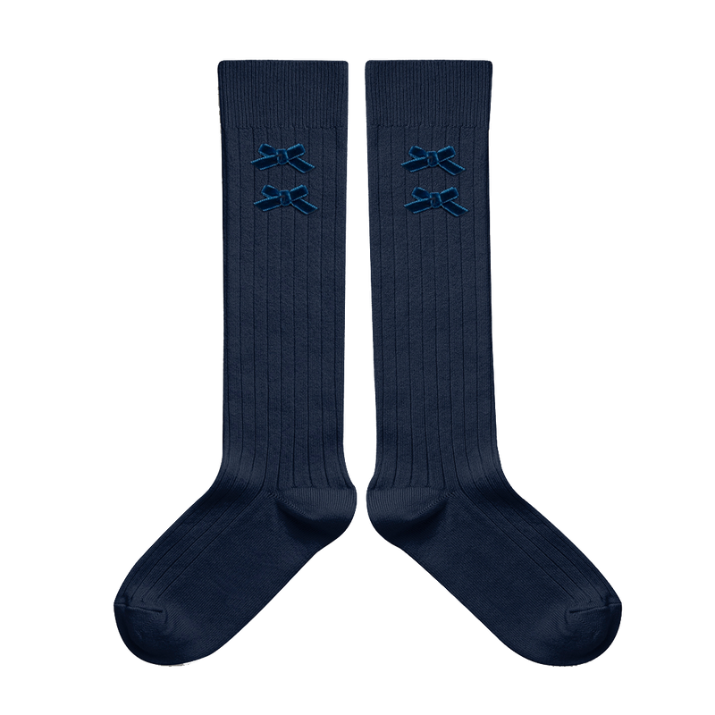 Ribbed Knee-High Socks w/ Velvet Bows - Navy