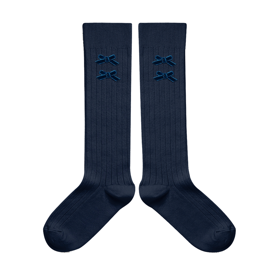 Ribbed Knee-High Socks w/ Velvet Bows - Navy