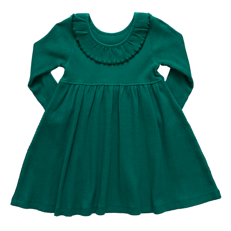 Girls Organic Princess Diana Rib Dress - Evergreen