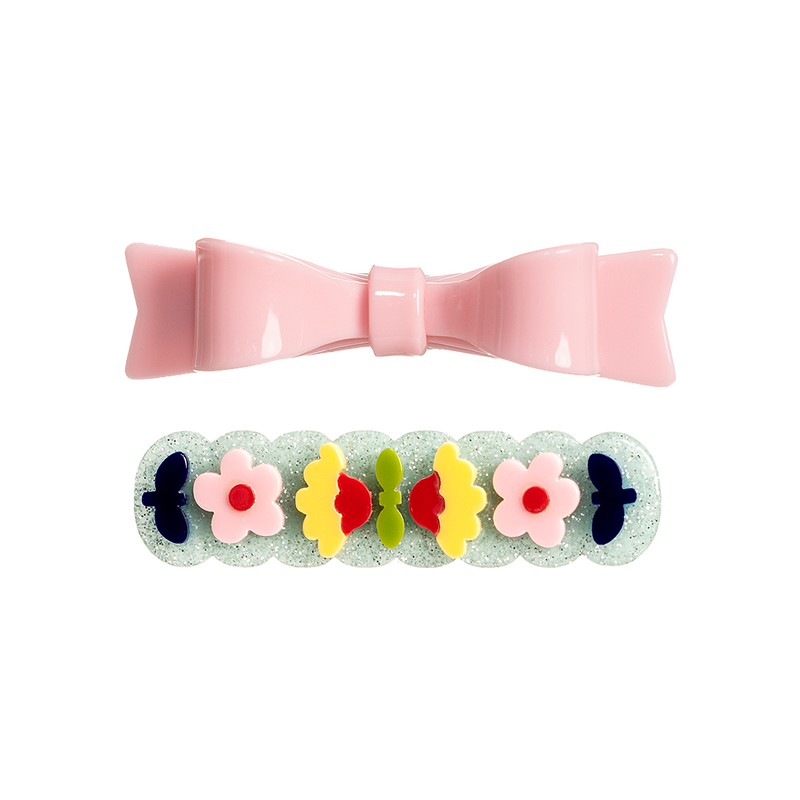 Pastel Flowers & Pink Bow Clip Set