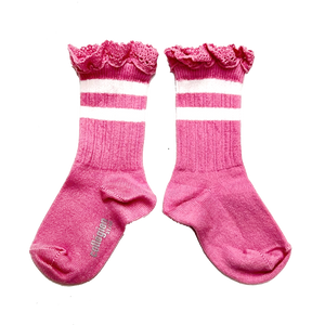 Ribbed Varsity Crew Socks w/ Lace - Pink