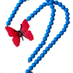 Pink Chicken Red Butterfly on Blue Beads Necklace 