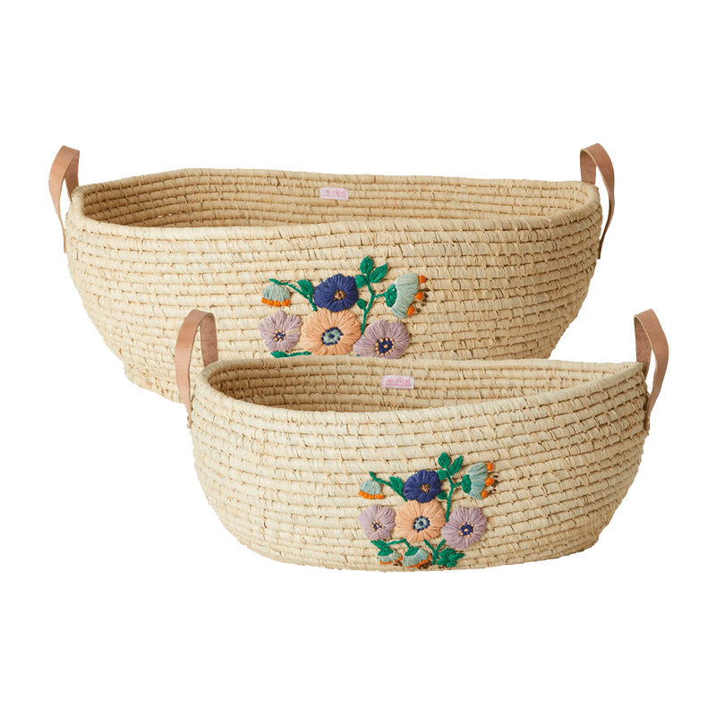 Raffia Large Oval Basket - Handpainted Embroidered Flowers w/ Leather Handles