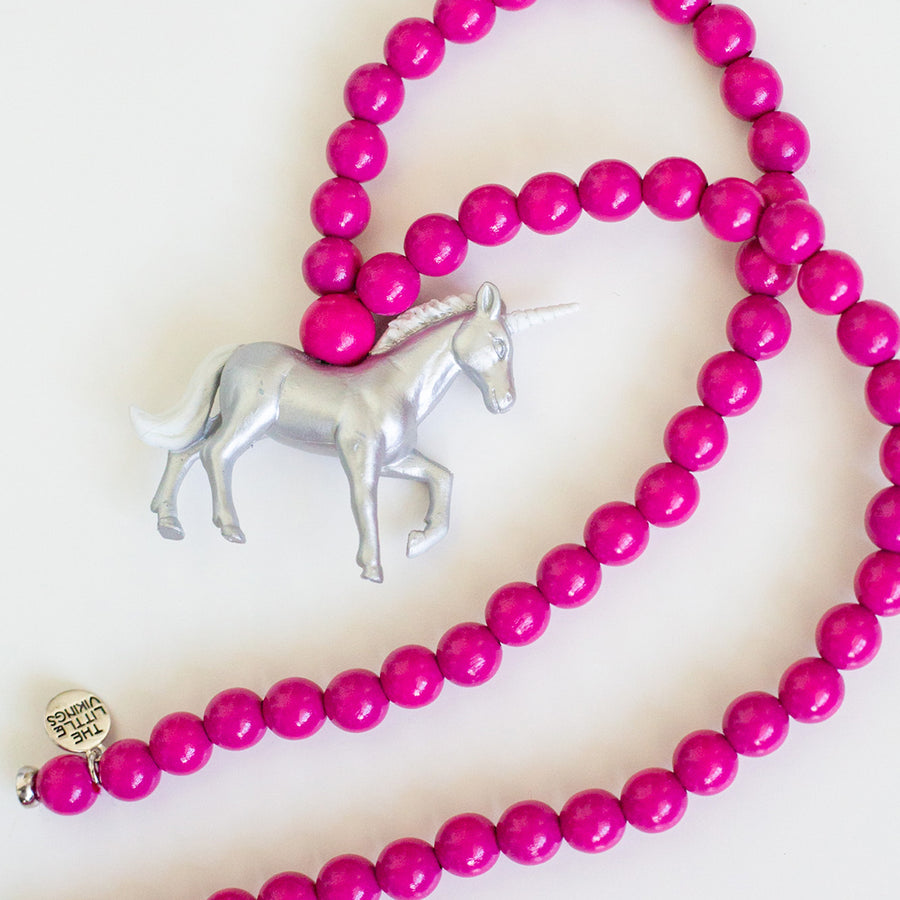 Silver Unicorn on Fuchsia Beads Necklace