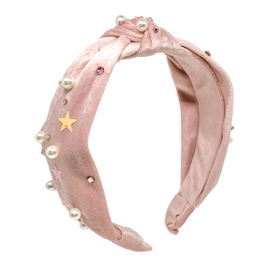 Velvet Pearl Stud Headband - Pink