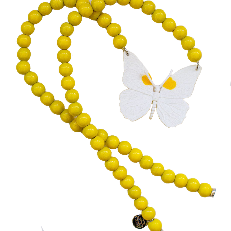 Pink Chicken White Butterfly on Yellow Beads Necklace 