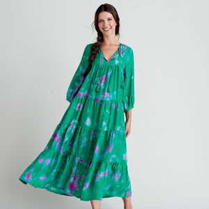 Womens Silk Indira Dress - Magenta Green Tie Dye