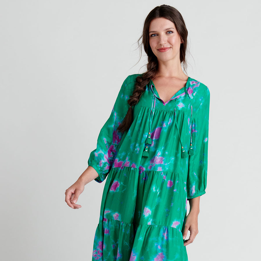 Womens Silk Indira Dress - Magenta Green Tie Dye