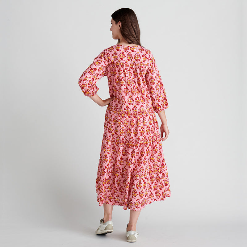 Womens Indira Dress - Pink Posey Block Print